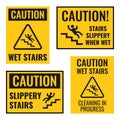 Signs of danger falling off the stairs, slippery stairs warning, watch your step notice