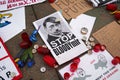 Signs depicting Vladimir Putin as Adolf Hitler at Wenceslas Square in Prague, Czech Republic