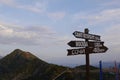 Signs with directions and Caucasus Mountains. Rosa Khutor, Sochi, Russia