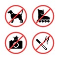 Signs forbidding different actions in various places.