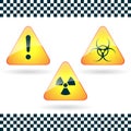 Signs-hazard, biohazard, radioactive danger.