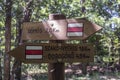 Signs of hiking paths in the Pilis mountains, Hungary Royalty Free Stock Photo