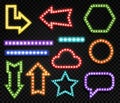 Signs with lamps. Realistic glowing symbols of different forms. Blue, red and yellow neon bulbs marketing frame for Royalty Free Stock Photo