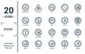 signs linear icon set. includes thin line road collapse, no bleaching, one way, ironing, swimming, guns, cap icons for report,