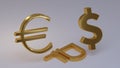 Signs of monetary currencies euro, dollar and Russian ruble on light background in 3D space. Royalty Free Stock Photo