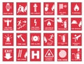 Signs of the necessary actions during a fire. Fire warnings and actions. Vector illustration Royalty Free Stock Photo