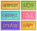 6 signs with optimistic decorative letters in pastel colors