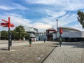 Signs and performance halls at edge of Parc de la Villette, Paris, France