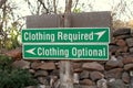 Clothing optional vs clothing required sign at beach.