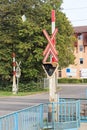 Signs at the railroad crossing in the city Royalty Free Stock Photo