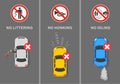 Signs and road markings meaning. `No littering`, `no honking` and `no idling` signs. Top view of city road. Royalty Free Stock Photo