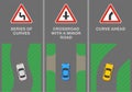 Signs and road markings meaning. `Series of curves, crossing with a minor road and bend ahead` traffic sign. Road types.