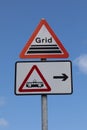 Signs warning of cattle grid and tramway Great Orme Llandudno North Wales May 2019 Royalty Free Stock Photo