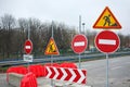 Signs warning about road repair work.