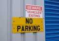 Signs warning of vehicles exiting and no parking Birkenhead Wirral January 2020