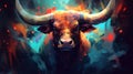 Bull head with horns and fire effect on colorful background. Digital painting Royalty Free Stock Photo