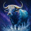 Digital painting of a bull in the night sky with stars and space