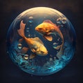 Goldfish swimming in a crystal ball. 3D illustration. 3D rendering Royalty Free Stock Photo