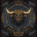 Graphic illustration of buffalo head on a dark background. Zodiac sign