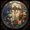 Illustration in stained glass style with flowers and lamp on a dark background Royalty Free Stock Photo