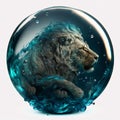 Lion in a glass sphere with water drops. 3D rendering Royalty Free Stock Photo