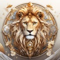 Lion head in gold circle. 3D illustration. Zodiac sign Royalty Free Stock Photo