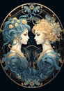 Mystical illustration of two beautiful girls with long wavy hair in a golden circle Royalty Free Stock Photo