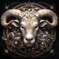 Ram head with golden ornament on black background. Zodiac sign Royalty Free Stock Photo