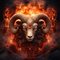 Ram head with horns in fire flame. Fire and smoke background Royalty Free Stock Photo