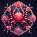 Zodiac sign Cancer. Zodiacal horoscope circle with red crab on a dark background Royalty Free Stock Photo