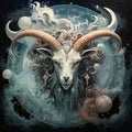 Zodiac sign Capricorn with a long horned goat on the background of the planet Royalty Free Stock Photo