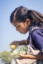 Indian school girl are eating food.