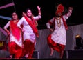 Sikh artists performing Bhangra dance on stage