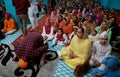 Sikh families inside a temple in Mallorca wide view Royalty Free Stock Photo