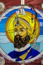 Sikh guru portrait on stained glass in the Sikh temple