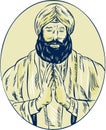 Sikh Priest Praying Front Oval Etching