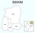 Sikkim map. Highlight Sikkim map on India map with a boundary line. Sikkim political map.