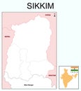 Sikkim map. Highlight Sikkim map on India map with a boundary line. Sikkim political map.