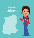 A map of the northeastern state of tripuraA sikkim woman from india in front of Sikkim state map - Vector