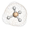 Silane SiH4 molecule. 3D rendering. Atoms are represented as spheres with conventional color coding: silicon beige, hydrogen