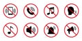 Silence Mute Black Silhouette Icon Set. Forbidden Loud Sound Voice Pictogram. Ban Noise Phone Loudspeaker Sound Red Stop