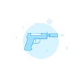 Silenced pistol flat vector icon. Filled line style. Blue monochrome design. Editable stroke Royalty Free Stock Photo