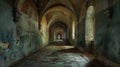 The silent beauty of a deserted monastery hallway perfect for a peaceful nights sleep. 2d flat cartoon