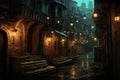 Silent City narrow alley night. Generate Ai