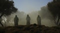 Silent Figures In The Olive Fog: A Symbolic Grindcore Tribute In 70mm Royalty Free Stock Photo