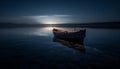 Silent fishing boat reflects tranquil sunset on nautical horizon generated by AI