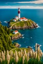 Silent Keeper of the Sea Lighthouse on Grassy Hill Royalty Free Stock Photo