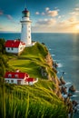 Silent Keeper of the Sea Lighthouse on Grassy Hill Royalty Free Stock Photo