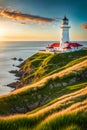 Silent Keeper of the Sea Lighthouse on Grassy Hill Royalty Free Stock Photo