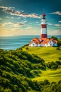 Silent Keeper of the Sea Lighthouse on Grassy Hill Royalty Free Stock Photo